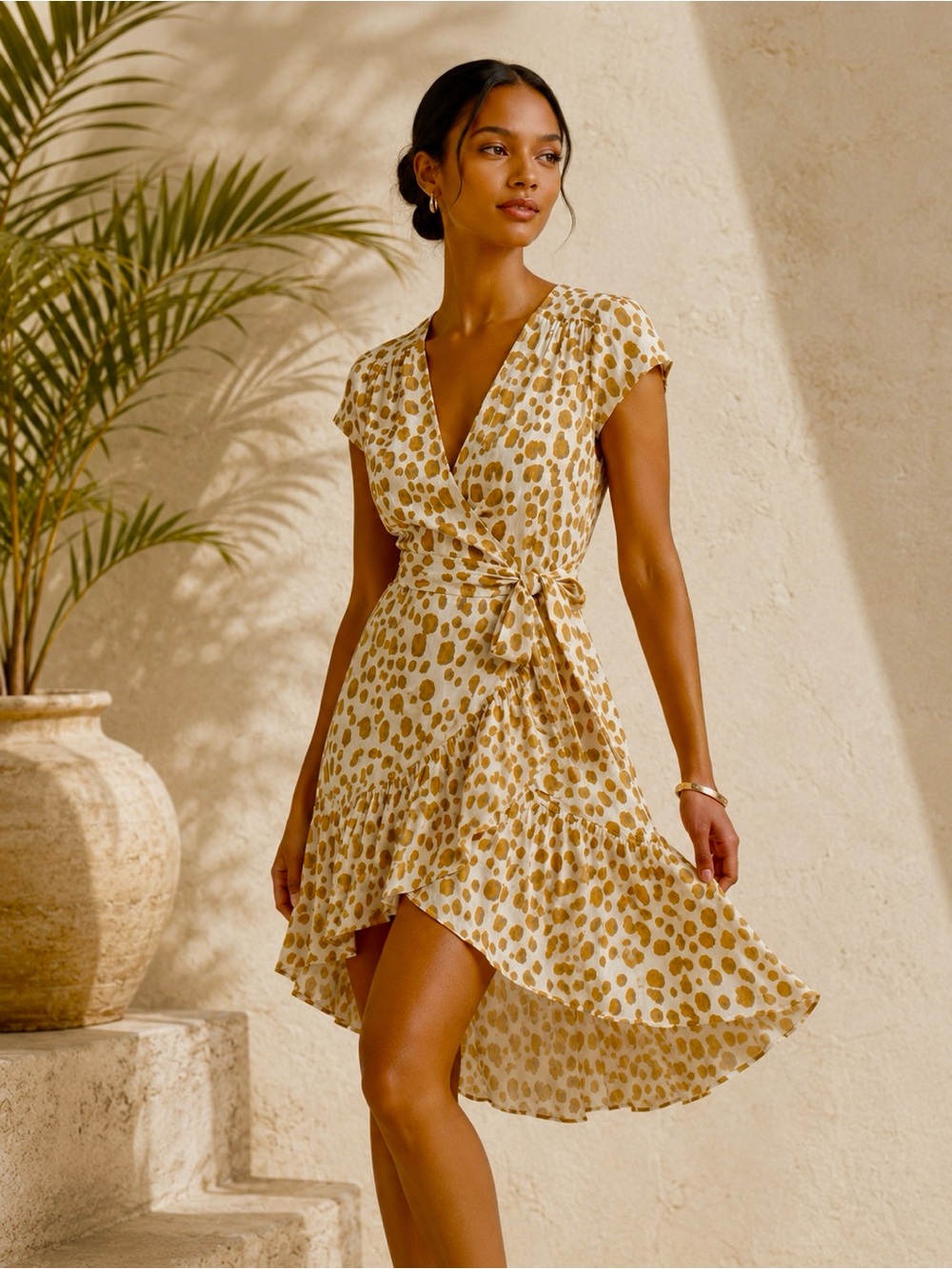 XIX Palms Santiago Ruffle Wrap California Coastal Cap Flutter Sleeve Dress NWT